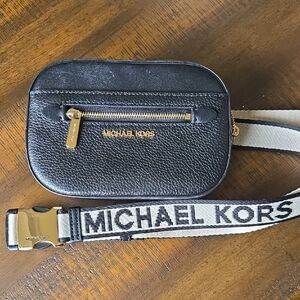 Michael Kors Black Leather Belt Bag with White Logo Strap